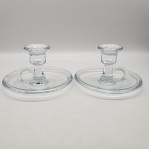 Vintage Set of 2 Clear Glass Candle Stick Holders with Handles